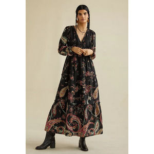 New Anthropologie Paisley Maxi Dress $190 SIZE 6  Black Boho Insp Motif